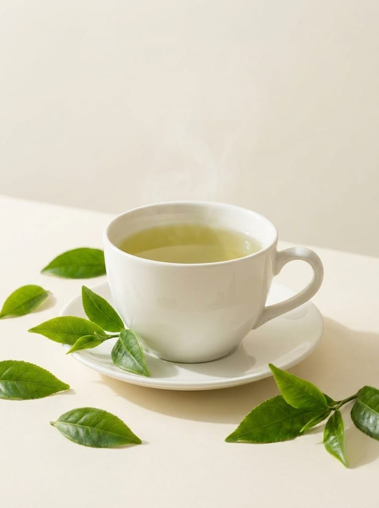 Steaming cup of green tea surrounded by fresh leaves
