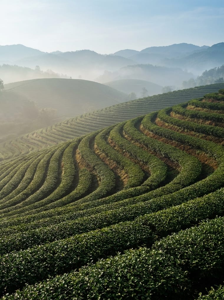 Misty tea plantation hills at sunrise