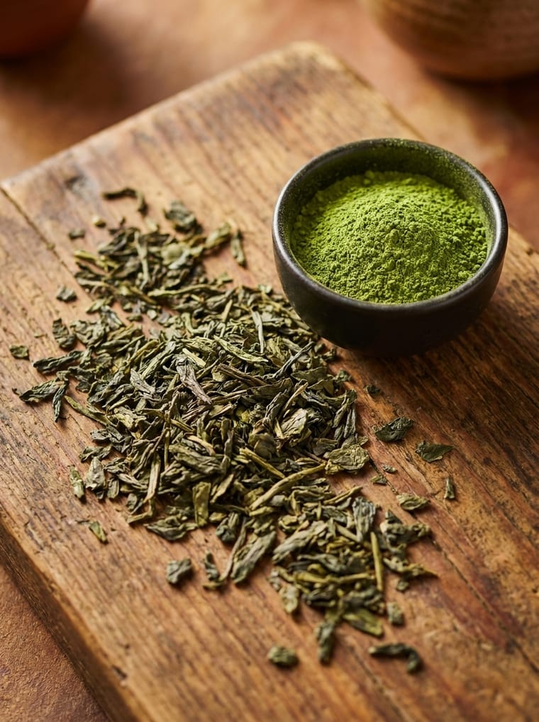Loose green tea leaves and a bowl of matcha on wood