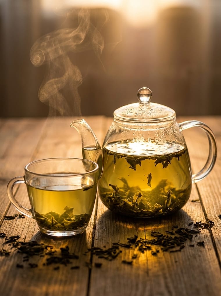 Glass teapot steeping green tea in warm light