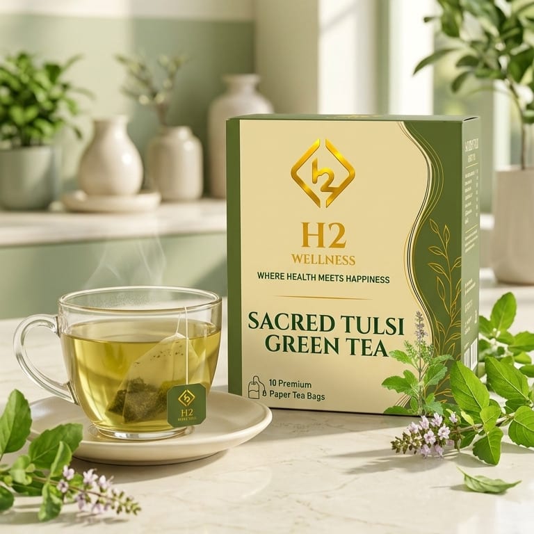 H2 green tea pouch beside a cast-iron teapot and a cup of tea